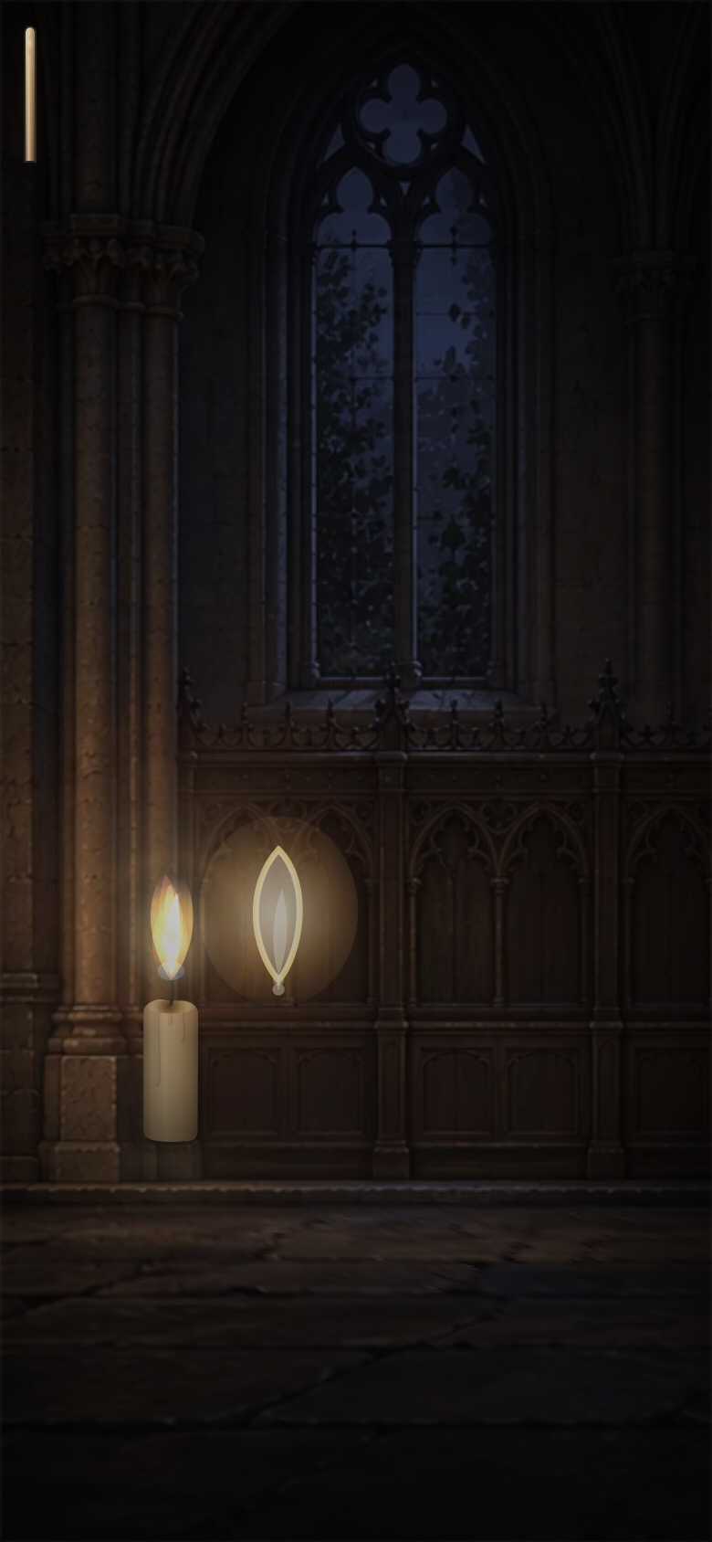 Candlelight gameplay: a glowing candle and a pale flame target against the cathedral’s carved stone walls.