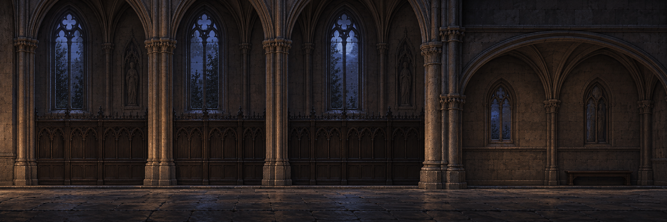 Weathered Gothic arches and stone columns inside Candlelight’s cathedral.
